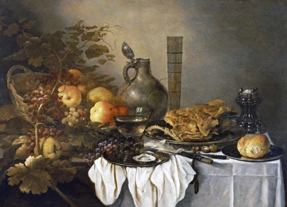 A Still Life With a Roemer, Oysters, a Roll and Meat