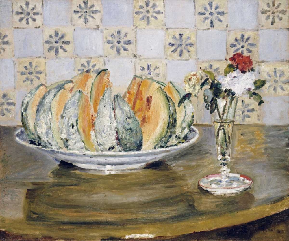 Still Life of a Melon and a Vase of Flowers