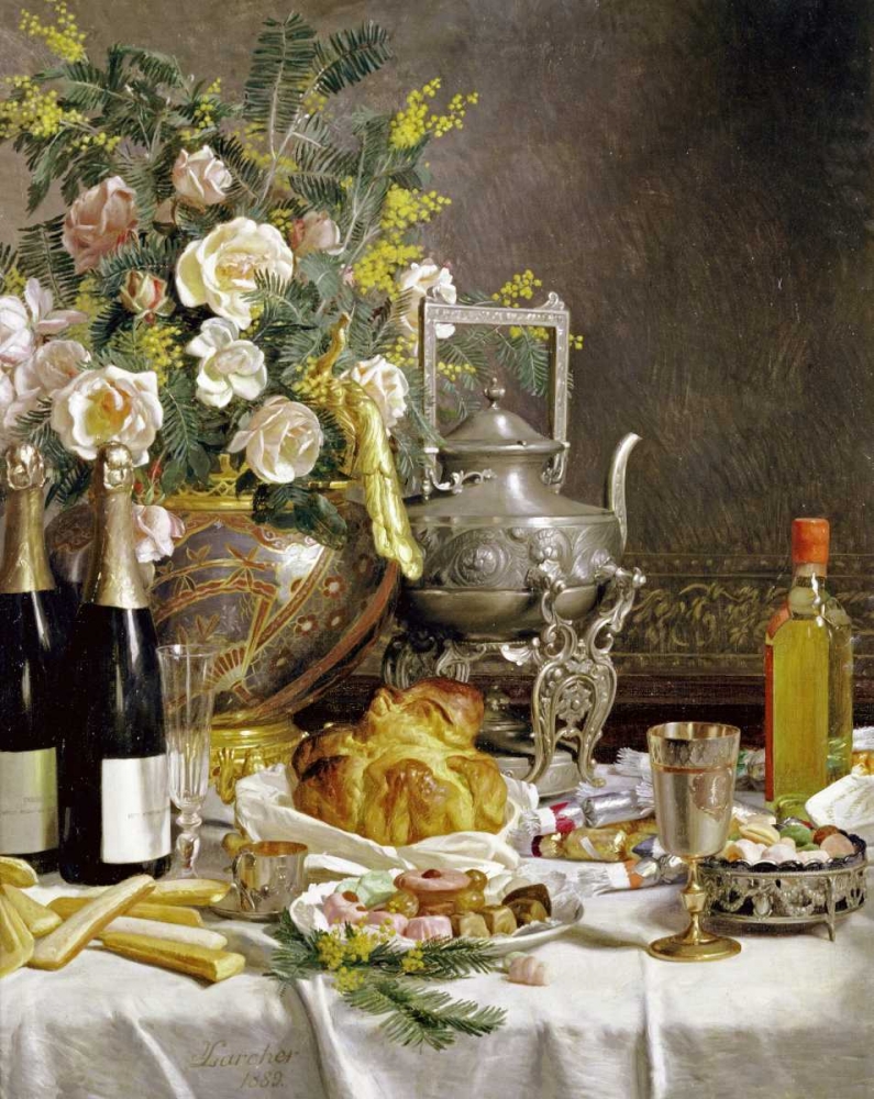 Bottles of Champagne Bread Biscuits and Cakes