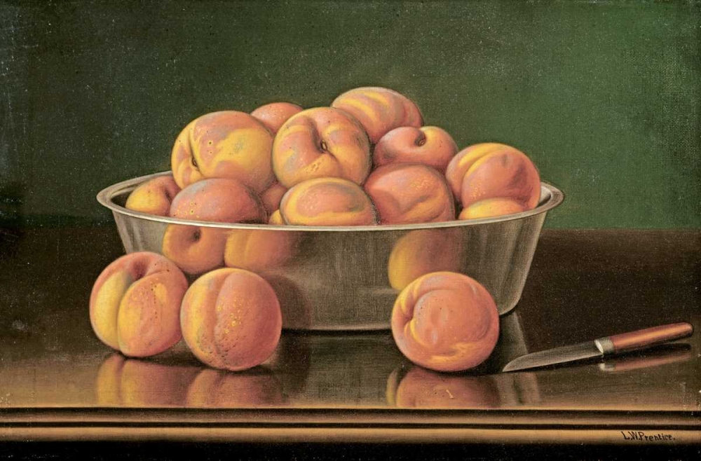Still Life of Peaches In a Silver Bowl