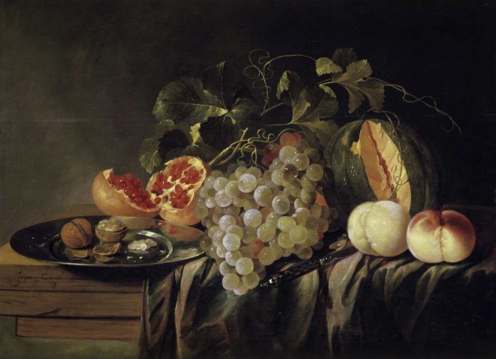 Still Life of a Melon on a Pewter Plate and Peaches