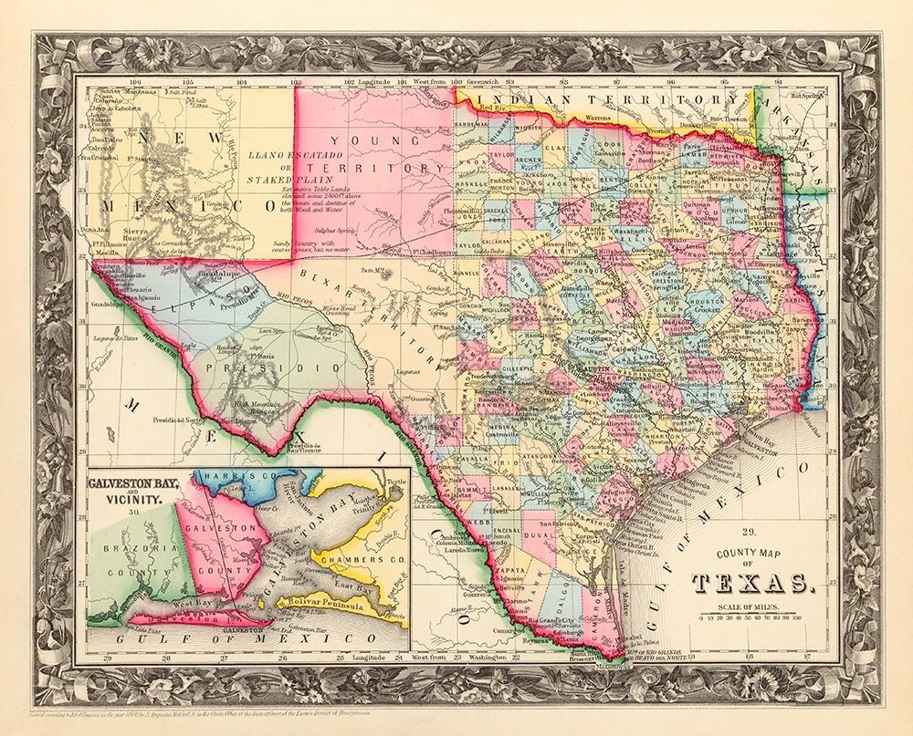 County Map Of Texas, 1860