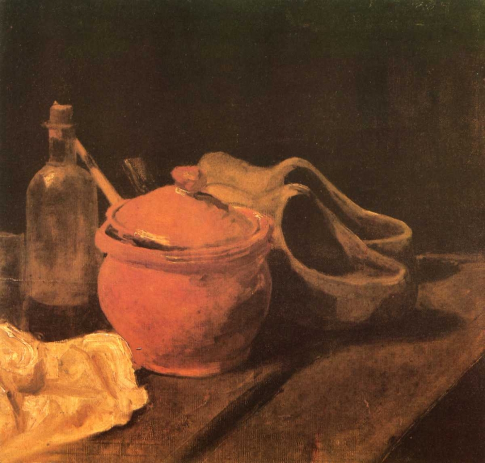Still Life Earthenware Bottle And Clogs