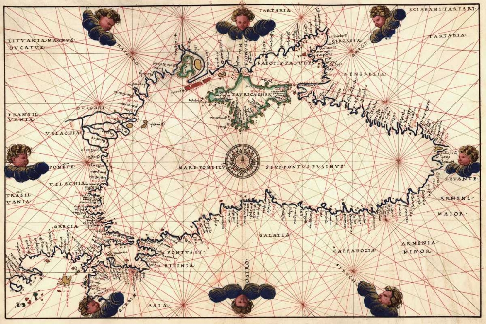 Portolan or Navigational Map of the Black Sea showing anthropomorphic winds