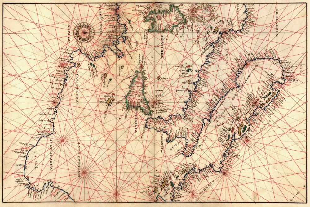 Portolan Map of Italy, Sicily, North Africa and the Mediterranean