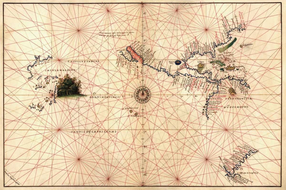Portolan Map of the Western Hemisphere showing what will become the United States, Panama and a port