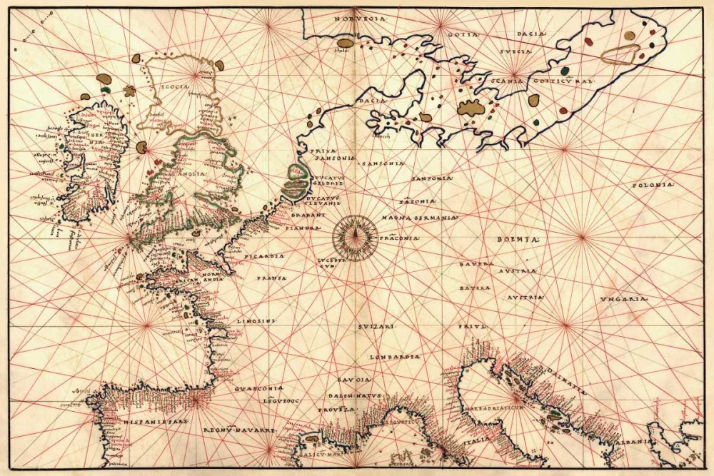Portolan Map of Spain, England, France, Germany, The British Isles