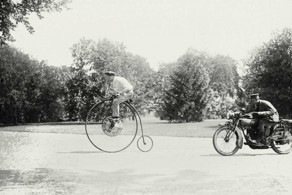 Motorcycle cop chases a Penny Farthing Velocipede