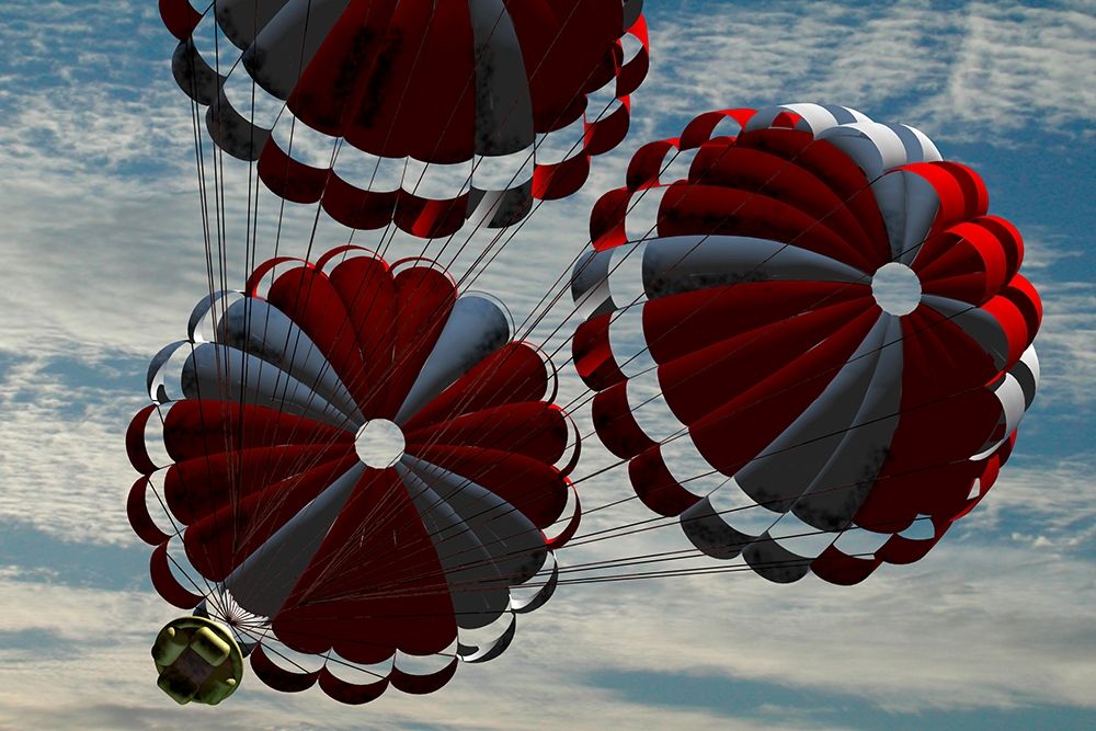 Orion descending by parachute on re-entry to Earth, Project Constellation