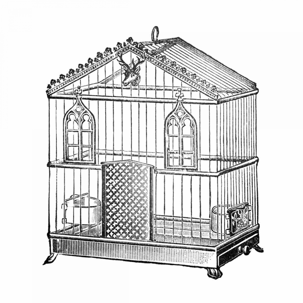 Etchings: Birdcage - Peaked top, window and deer head detail.