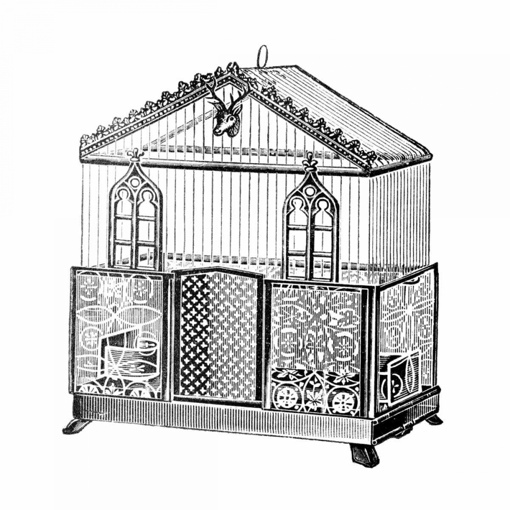 Etchings: Birdcage - Peaked top, patterned base, windows and deer head detail.