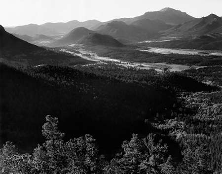 Valley surrounded by mountains, in Rocky Mountain National Park, Colorado, ca. 1941-1942
