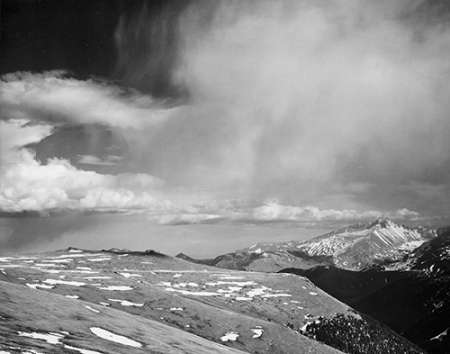 Mountain tops, low horizen, low hanging clouds, in Rocky Mountain National Park, Colorado, ca. 1941-
