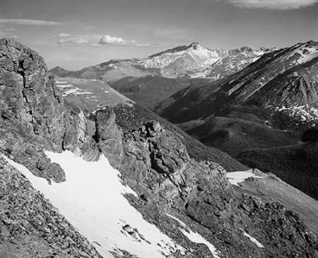 View of barren mountains with snow, in Rocky Mountain National Park, Colorado, ca. 1941-1942