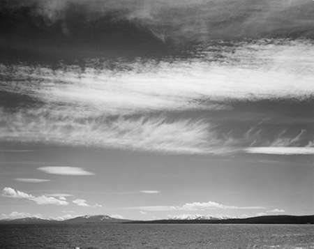 Lake, narrow strip of mountains, low horizon, Yellowstone Lake, Yellowstone National Park, Wyoming,