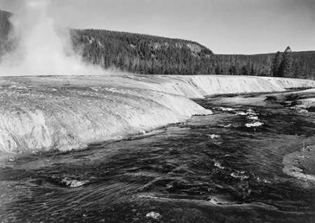 River in foreground, trees behind, Firehold River, Yellowstone National Park, Wyoming, ca. 1941-1942