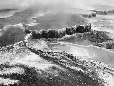 Aerial view of Jupiter Terrace, Yellowstone National Park, Wyoming ca. 1941-1942