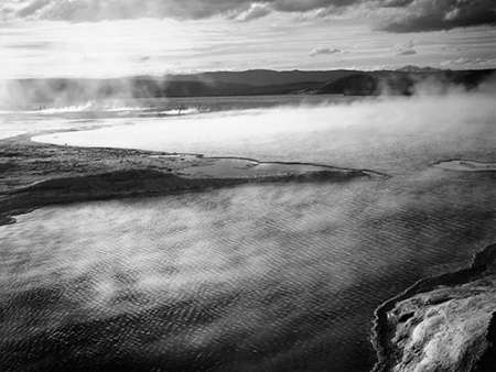Steaming pool in foreground, high horizon, Fountain Geyser Pool, Yellowstone National Park, Wyoming,