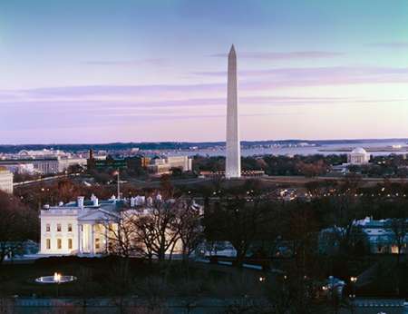 Dawn over the White House, Washington Monument, and Jefferson Memorial, Washington, D.C.