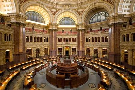 Main Reading Room. View from above showing researcher desks. Library of Congress Thomas Jefferson Bu