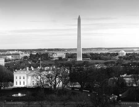 Dawn over the White House, Washington Monument, and Jefferson Memorial, Washington, D.C. - Black and