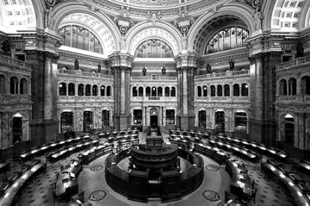 Main Reading Room. View from above showing researcher desks. Library of Congress Thomas Jefferson Bu