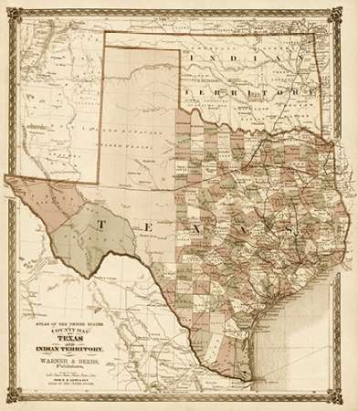 County Map of Texas, and Indian Territory, 1874 - Decorative Sepia