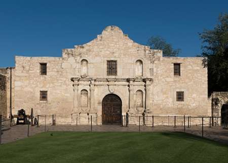 Doorway to the Alamo, an 18th-century mission church in San Antonio, TX