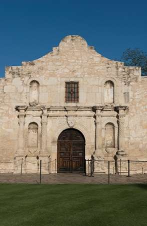 Doorway to the Alamo, an 18th-century mission church in San Antonio, TX