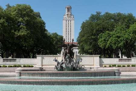 Littlefield Fountain at the University of Texas at Austin, with the historic University of Texas Tow