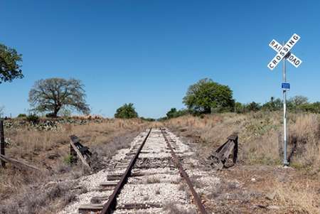 Lonely, little-used stretch of railroad tracks in the Texas Hill Country, near Burnet