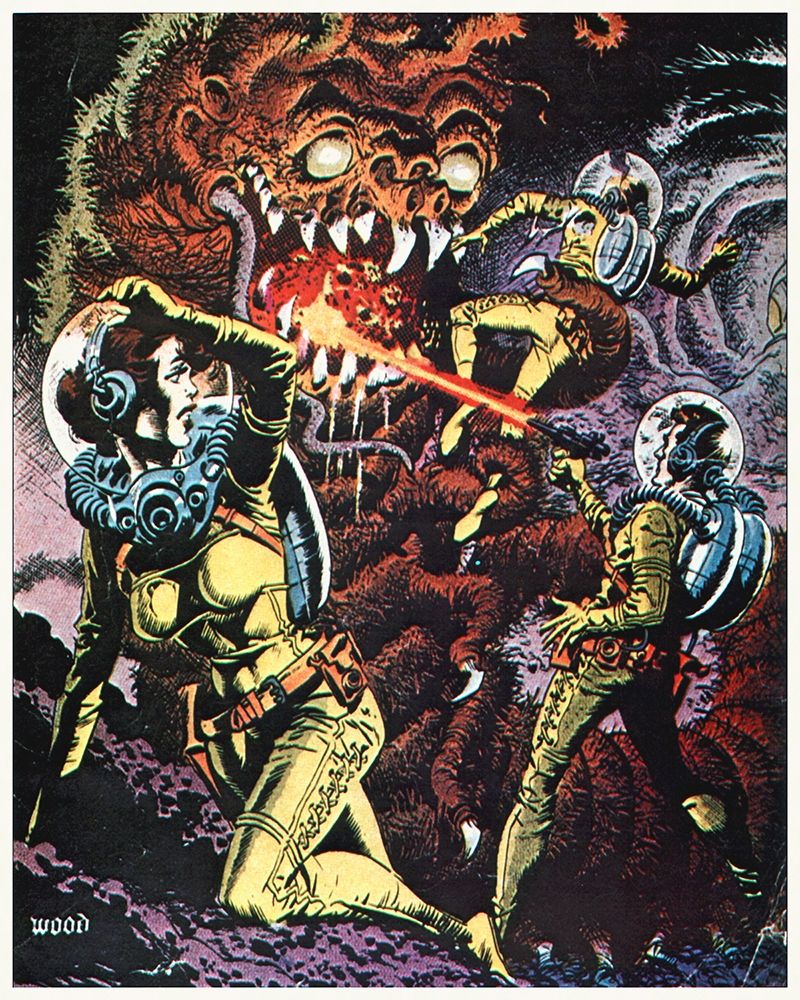 Space Explorers Battle a Beast - Preproduction Art By Wood, Unknown Film