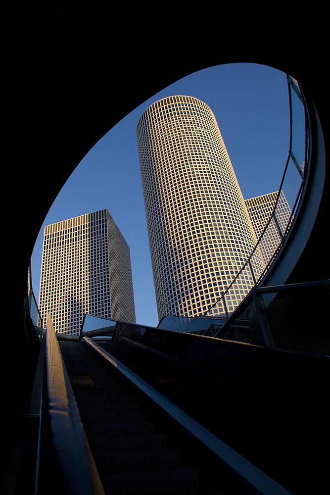 Fragment of Modern Buildings Through Skywalk bridge
