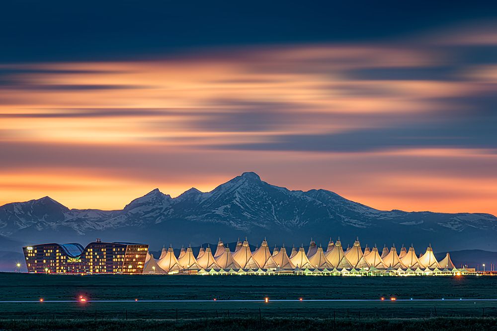 Denver International Airport In Dusk With Longs Peak As Background