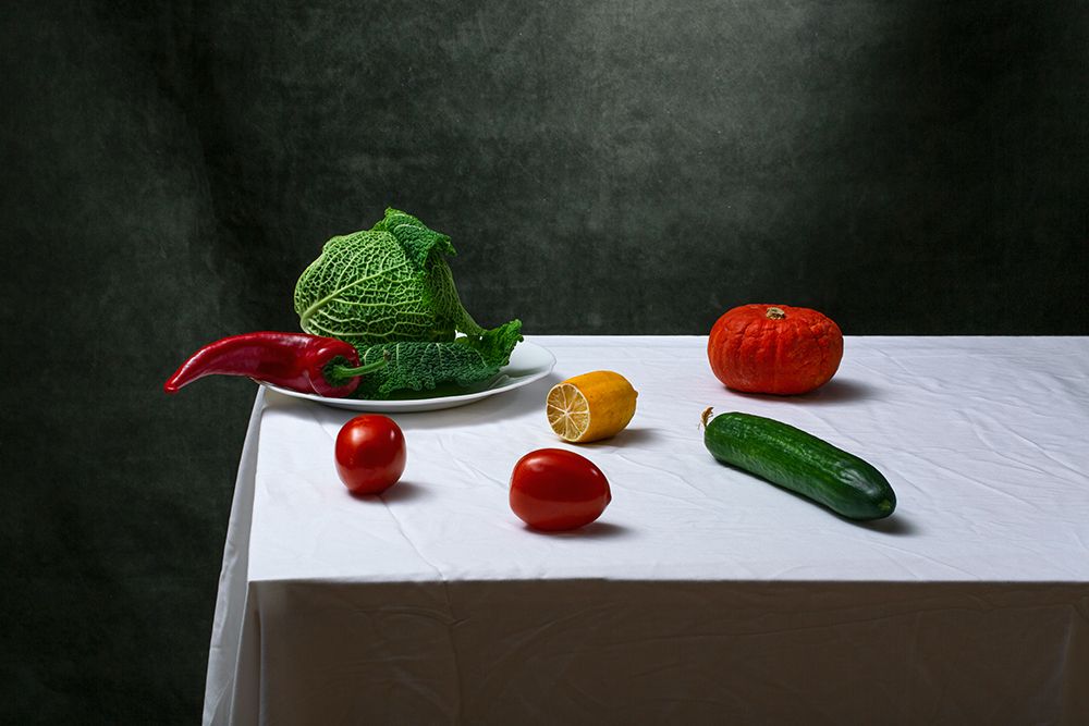 Still Life With Savoy Cabbage, Tomatoes, Cucumber, Red Pepper, Lemon And Pumpkin