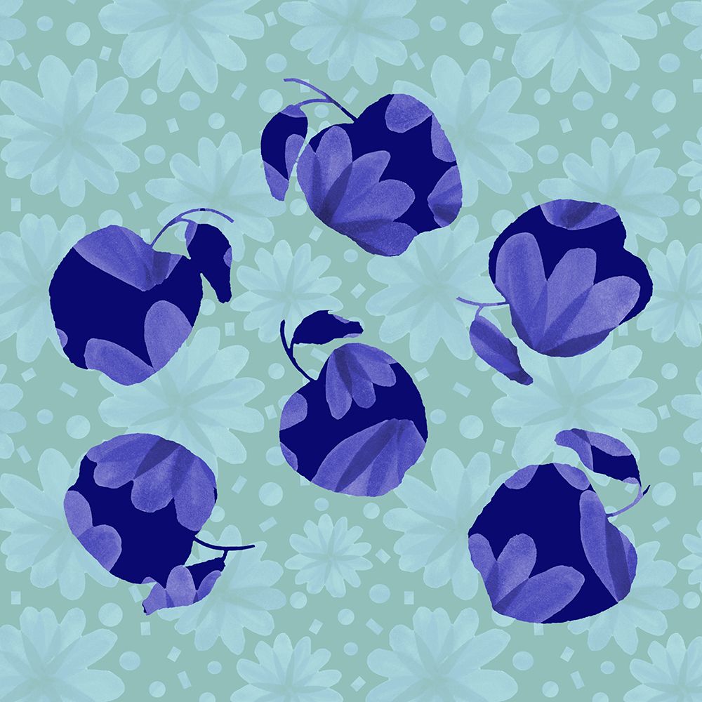 Navy Blue Floral Apples On Mint Pattern Copy