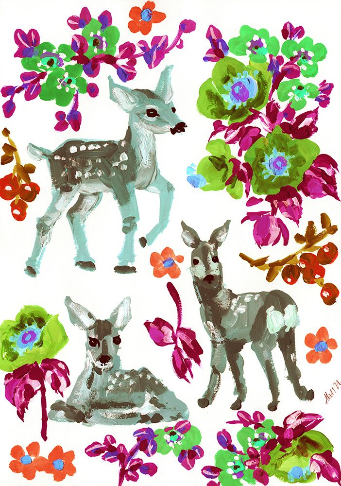 Winter Deer, Green Flowers