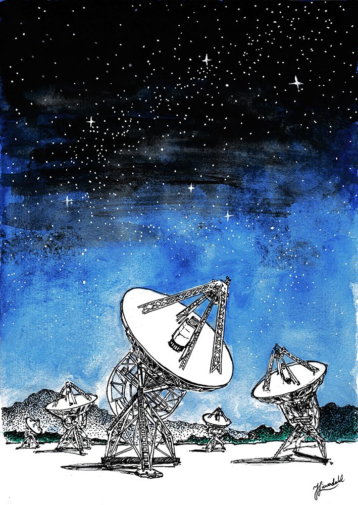 Radio. Satellite Searching Watercolor Painting.