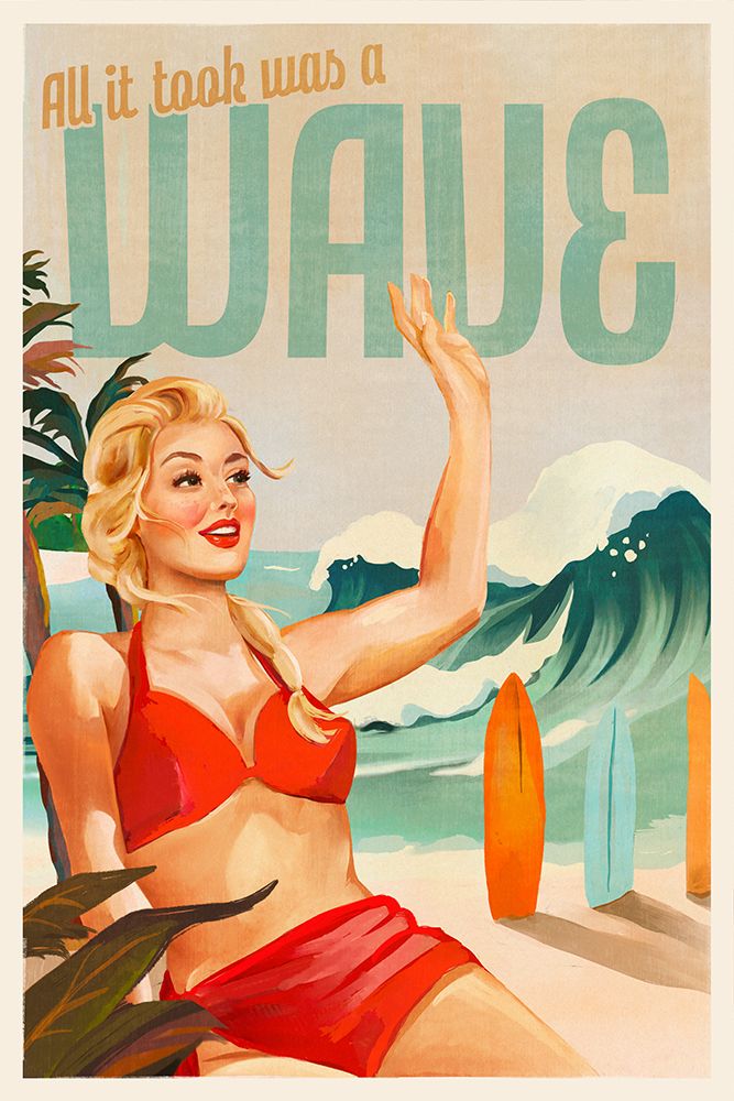 Surfing Pinup Girl On Beach In Bikini