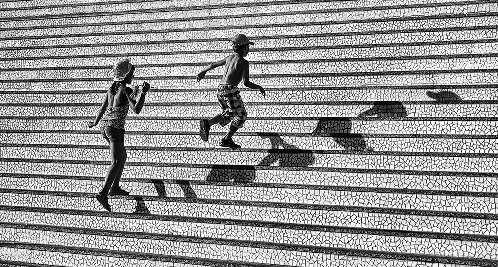 On the stairs .
