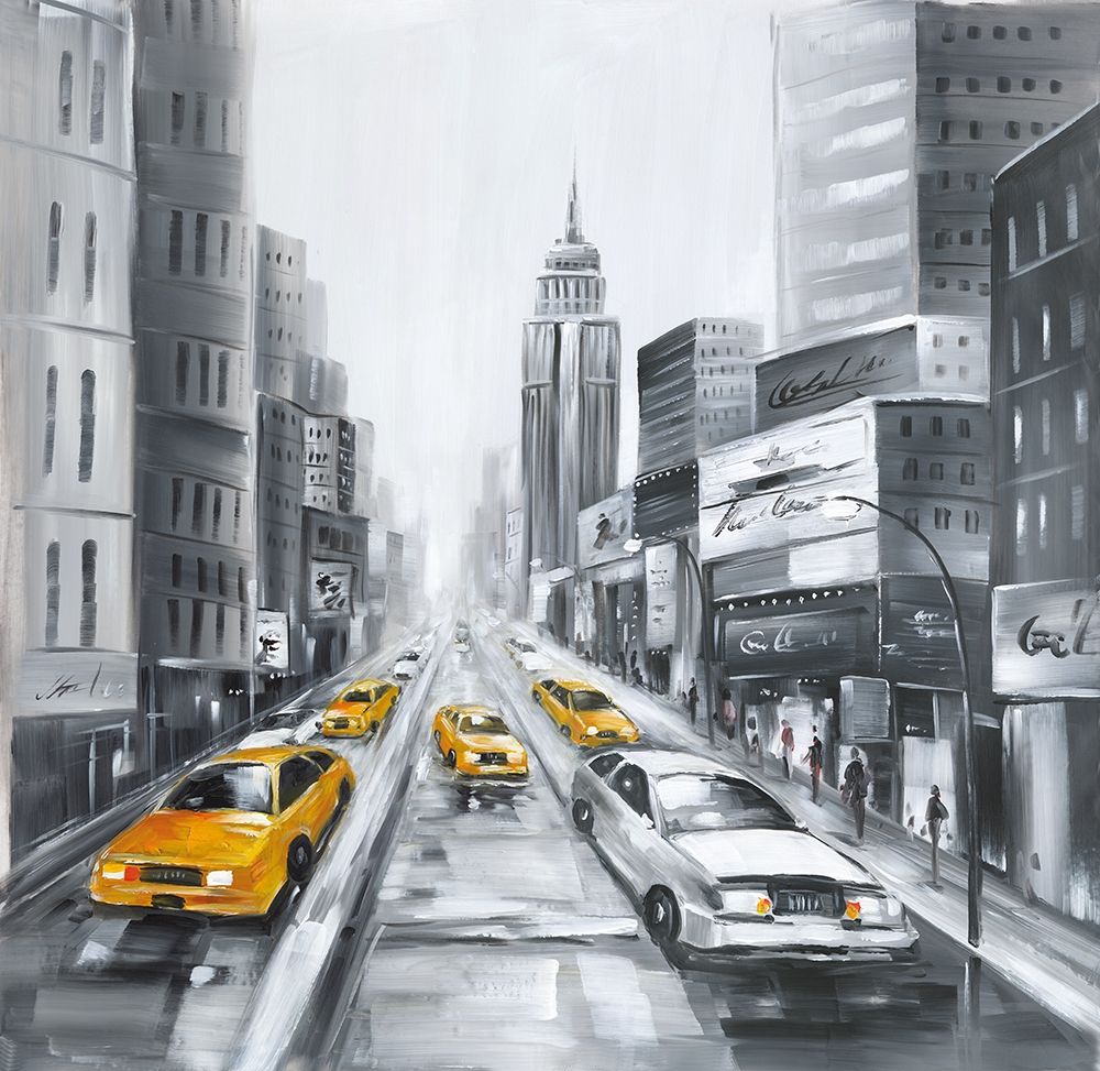 GRAYSCALE STREET WITH YELLOW CARS