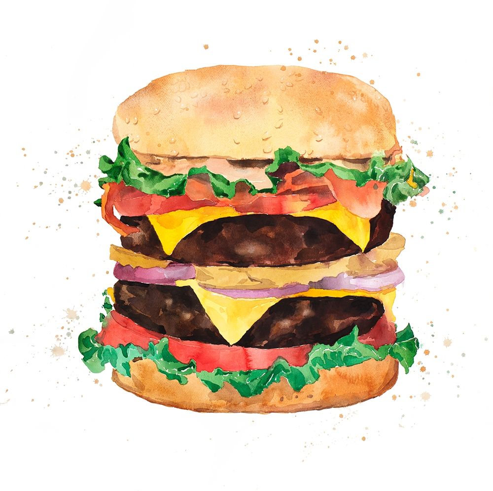 Watercolor All Dressed Double Cheeseburger