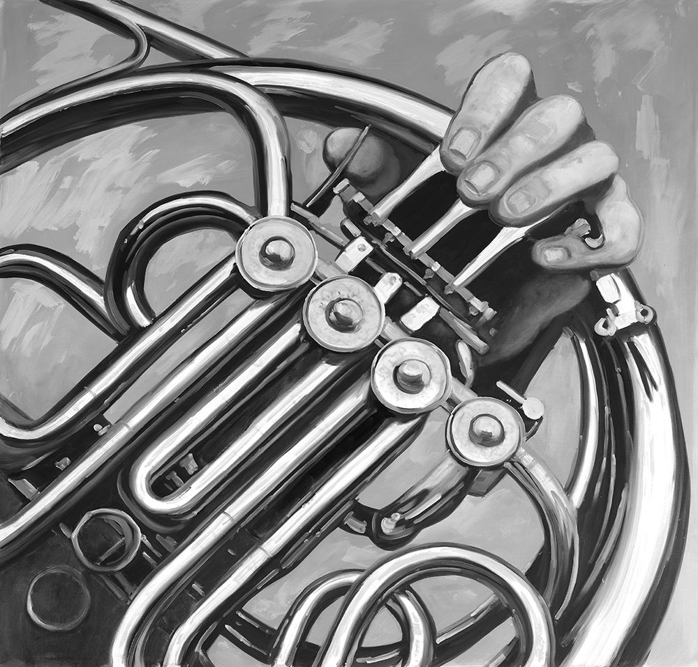 Musician with frech horn monochrome