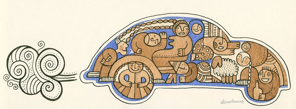 Crowded Car Carrying People and Animals