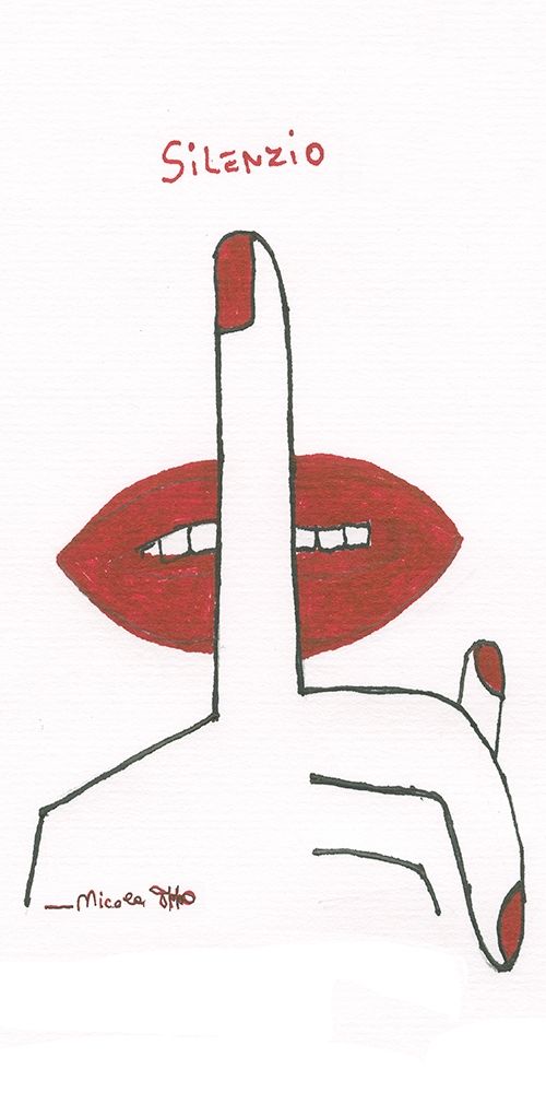 Silenzio Silence - finger on red mouth