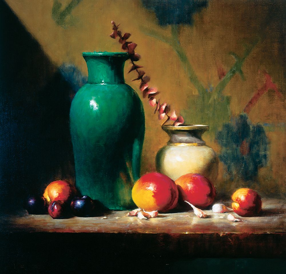 Green Vase And Fruit