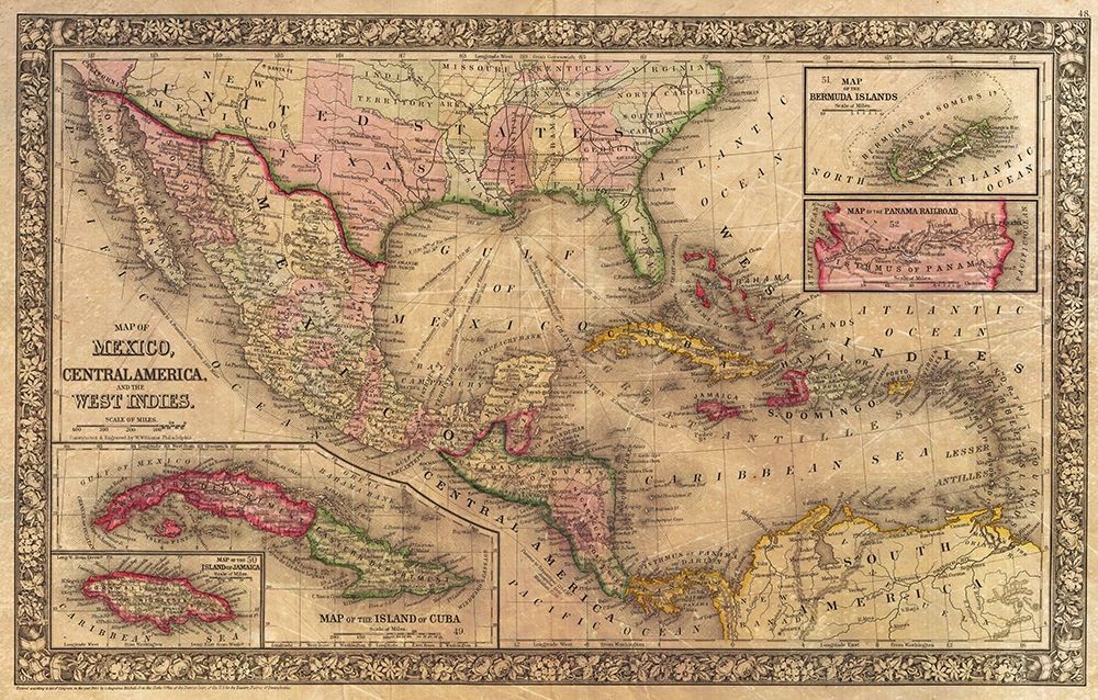 1866 Mitchell Map of Mexico and the West Indies Antiqued