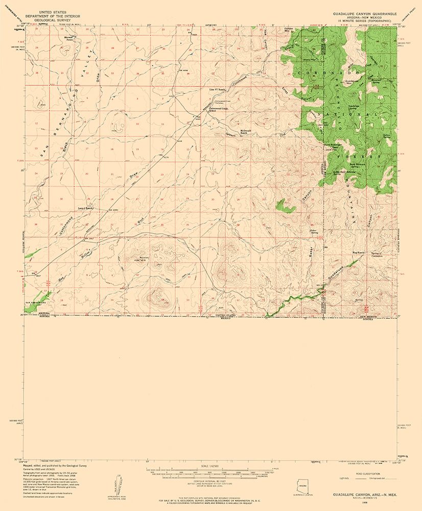 Guadalupe Canyon Arizona Quad - USGS 1958