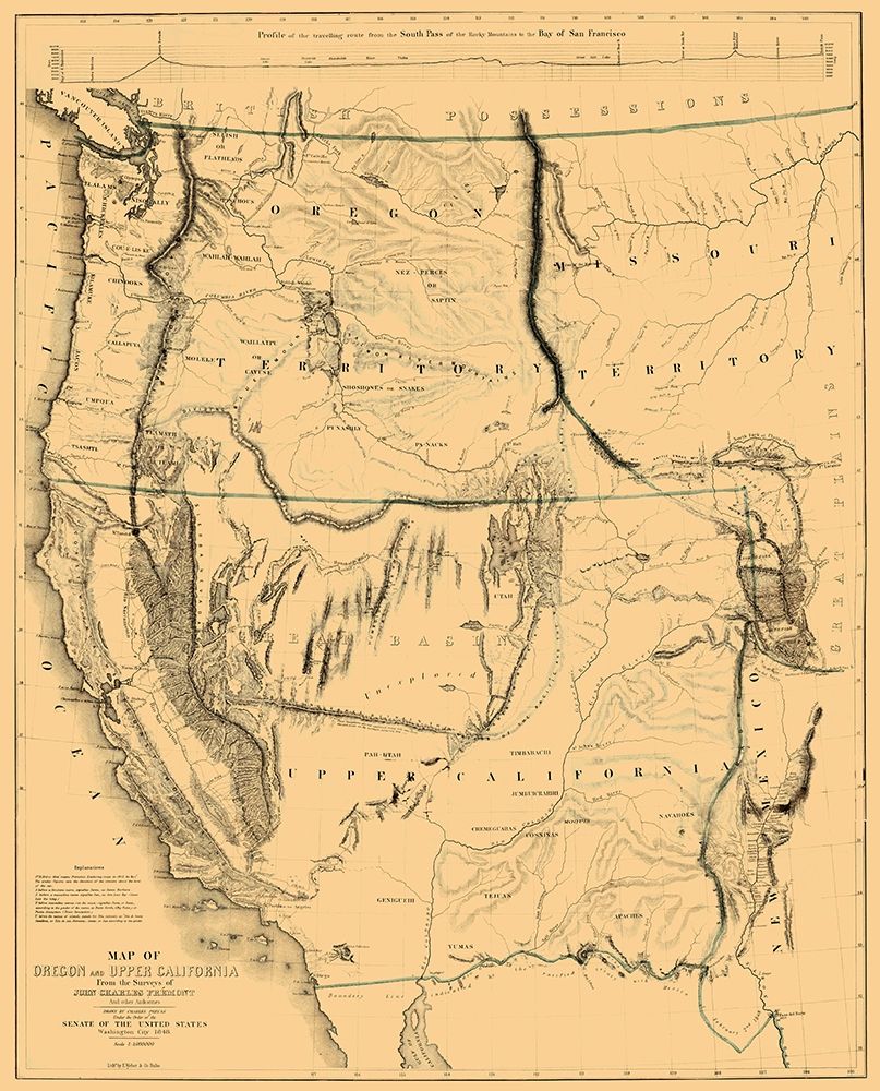 Oregon, Upper California Territories - Preuss 1848