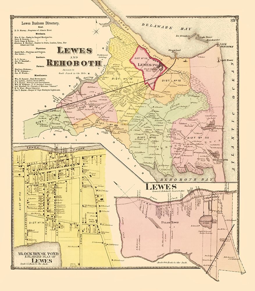 Lewes, Rehoboth Delaware Landowner - Beers 1868